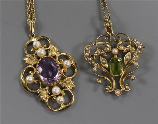An early 20th century 15ct gold, peridot and split pearl pendant on 9ct chain and a 9ct gold gem set pendant on 9ct gold chain.